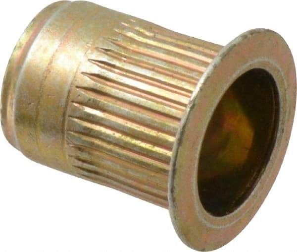 Made in USA - M10x1.50, 13.46mm Insert Diam, 17.53mm OAL, Knurled Body Open End Threaded Insert - 13.5mm Hole Diam, 17.4mm Head Diam, 1008/1010 Steel, Clear Protective Coating & Zinc Yellow Dichromate Finish - Apex Tool & Supply