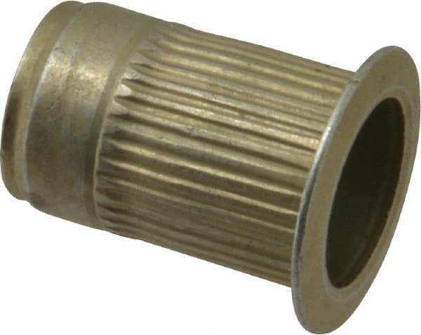 Made in USA - M10x1.50, 13.46mm Insert Diam, 20.45mm OAL, Knurled Body Open End Threaded Insert - 13.5mm Hole Diam, 17.4mm Head Diam, 1008/1010 Steel, Clear Protective Coating & Zinc Yellow Dichromate Finish - Apex Tool & Supply