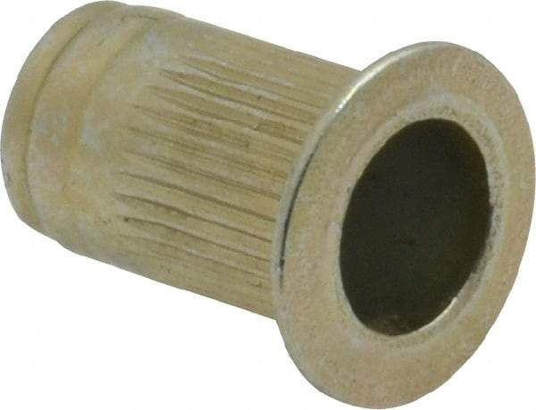 Made in USA - #10-24, 0.296 Insert Diam, 0.475" OAL, Knurled Body Open End Threaded Insert - 0.2969" Hole Diam, 0.415" Head Diam, 1008/1010 Steel, Clear Protective Coating & Zinc Yellow Dichromate Finish - Apex Tool & Supply