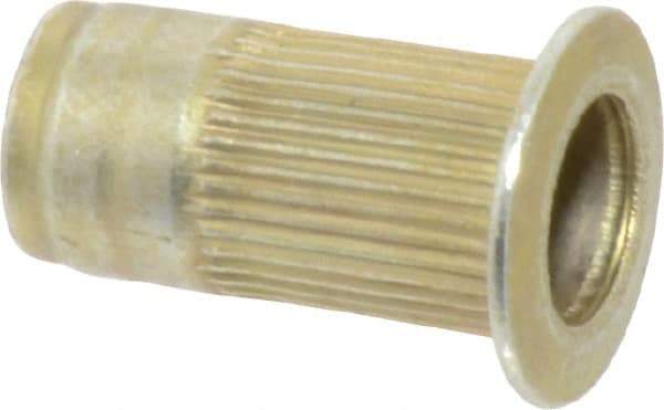 Made in USA - #10-24, 0.296 Insert Diam, 0.585" OAL, Knurled Body Open End Threaded Insert - 0.2969" Hole Diam, 0.415" Head Diam, 1008/1010 Steel, Clear Protective Coating & Zinc Yellow Dichromate Finish - Apex Tool & Supply