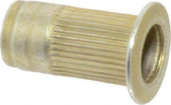 Made in USA - #10-24, 0.296 Insert Diam, 0.585" OAL, Knurled Body Open End Threaded Insert - 0.2969" Hole Diam, 0.415" Head Diam, 1008/1010 Steel, Clear Protective Coating & Zinc Yellow Dichromate Finish - Apex Tool & Supply