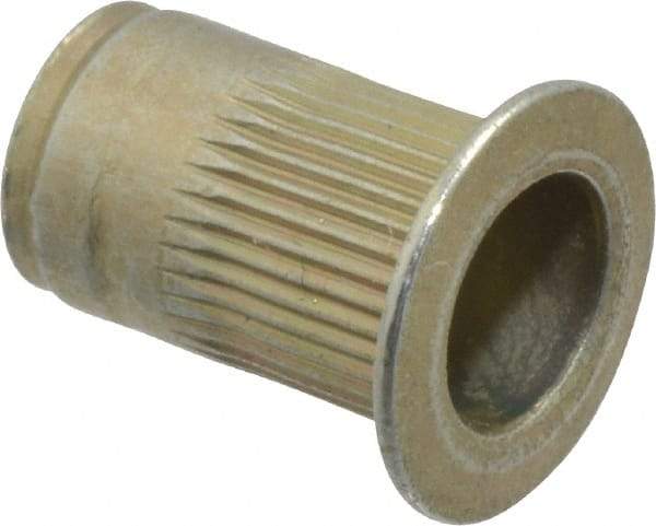 Made in USA - #10-32, 0.296 Insert Diam, 0.475" OAL, Knurled Body Open End Threaded Insert - 0.2969" Hole Diam, 0.415" Head Diam, 1008/1010 Steel, Clear Protective Coating & Zinc Yellow Dichromate Finish - Apex Tool & Supply