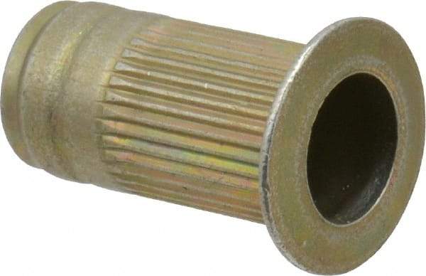 Made in USA - #10-32, 0.296 Insert Diam, 0.585" OAL, Knurled Body Open End Threaded Insert - 0.2969" Hole Diam, 0.415" Head Diam, 1008/1010 Steel, Clear Protective Coating & Zinc Yellow Dichromate Finish - Apex Tool & Supply