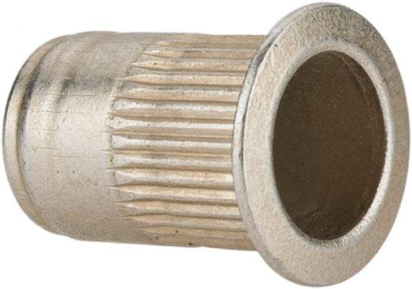 Made in USA - 1/4-20, 0.39 Insert Diam, 0.58" OAL, Knurled Body Open End Threaded Insert - 0.3906" Hole Diam, 1/2" Head Diam, 1008/1010 Steel, Clear Protective Coating & Zinc Yellow Dichromate Finish - Apex Tool & Supply