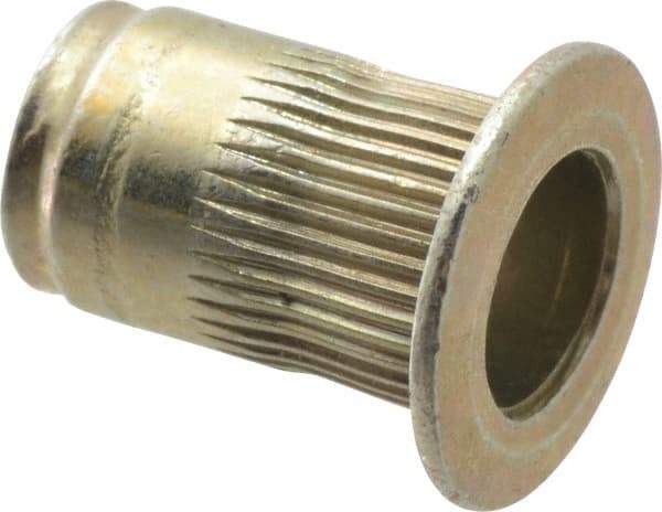 Made in USA - M4x0.70, 6.73mm Insert Diam, 10.67mm OAL, Knurled Body Open End Threaded Insert - 6.75mm Hole Diam, 9.91mm Head Diam, 1008/1010 Steel, Clear Protective Coating & Zinc Yellow Dichromate Finish - Apex Tool & Supply