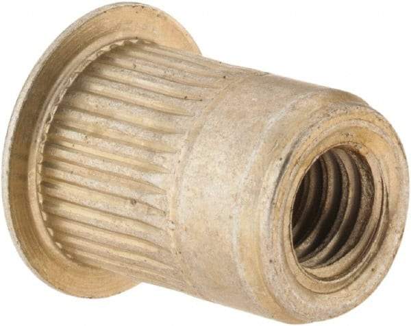 Made in USA - 5/16-18, 0.53 Insert Diam, 0.69" OAL, Knurled Body Open End Threaded Insert - 0.5312" Hole Diam, 0.685" Head Diam, 1008/1010 Steel, Clear Protective Coating & Zinc Yellow Dichromate Finish - Apex Tool & Supply