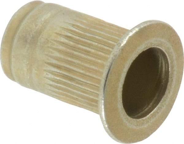 Made in USA - M5x0.80, 7.52mm Insert Diam, 12.07mm OAL, Knurled Body Open End Threaded Insert - 7.6mm Hole Diam, 10.54mm Head Diam, 1008/1010 Steel, Clear Protective Coating & Zinc Yellow Dichromate Finish - Apex Tool & Supply