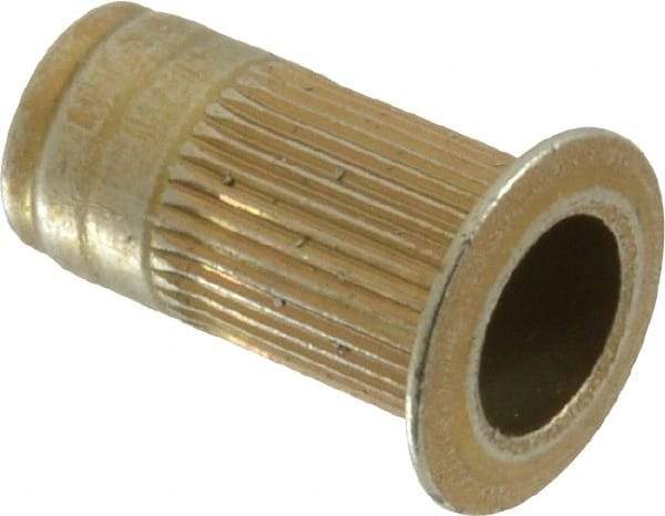 Made in USA - M5x0.80, 7.52mm Insert Diam, 14.86mm OAL, Knurled Body Open End Threaded Insert - 7.6mm Hole Diam, 10.54mm Head Diam, 1008/1010 Steel, Clear Protective Coating & Zinc Yellow Dichromate Finish - Apex Tool & Supply