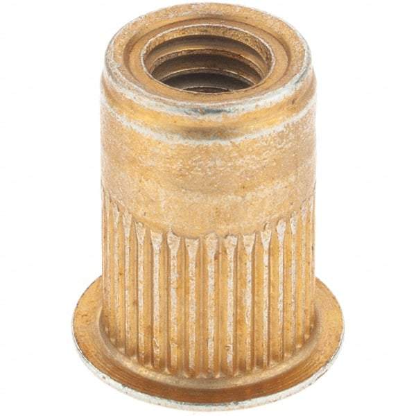 Made in USA - M6x1.00, 9.91mm Insert Diam, 14.73mm OAL, Knurled Body Open End Threaded Insert - 10mm Hole Diam, 12.7mm Head Diam, 1008/1010 Steel, Clear Protective Coating & Zinc Yellow Dichromate Finish - Apex Tool & Supply