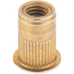 Made in USA - M6x1.00, 9.91mm Insert Diam, 14.73mm OAL, Knurled Body Open End Threaded Insert - 10mm Hole Diam, 12.7mm Head Diam, 1008/1010 Steel, Clear Protective Coating & Zinc Yellow Dichromate Finish - Apex Tool & Supply