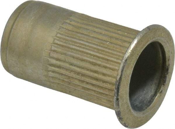 Made in USA - M6x1.00, 9.91mm Insert Diam, 17.27mm OAL, Knurled Body Open End Threaded Insert - 10mm Hole Diam, 12.7mm Head Diam, 1008/1010 Steel, Clear Protective Coating & Zinc Yellow Dichromate Finish - Apex Tool & Supply