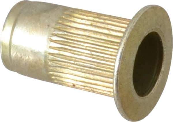 Made in USA - #6-32, 0.265 Insert Diam, 0.47" OAL, Knurled Body Open End Threaded Insert - 0.2656" Hole Diam, 0.39" Head Diam, 1008/1010 Steel, Clear Protective Coating & Zinc Yellow Dichromate Finish - Apex Tool & Supply