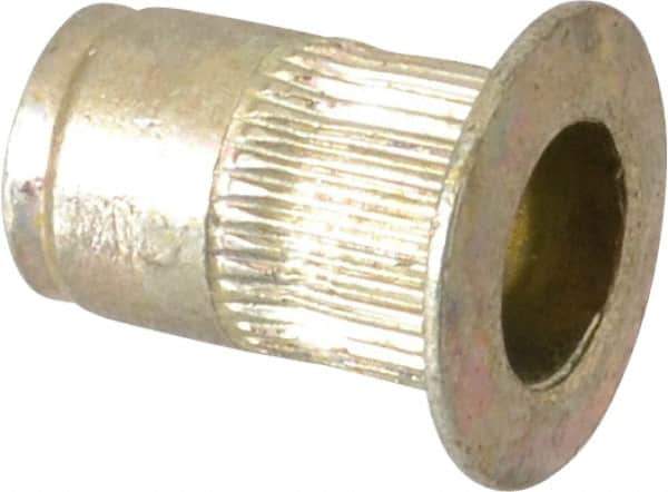 Made in USA - #6-32, 0.265 Insert Diam, 0.42" OAL, Knurled Body Open End Threaded Insert - 0.2656" Hole Diam, 0.39" Head Diam, 1008/1010 Steel, Clear Protective Coating & Zinc Yellow Dichromate Finish - Apex Tool & Supply