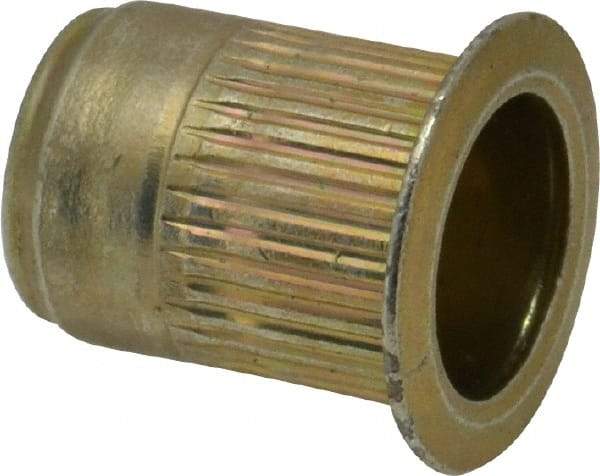 Made in USA - M8x1.25, 13.46mm Insert Diam, 17.53mm OAL, Knurled Body Open End Threaded Insert - 13.5mm Hole Diam, 17.4mm Head Diam, 1008/1010 Steel, Clear Protective Coating & Zinc Yellow Dichromate Finish - Apex Tool & Supply