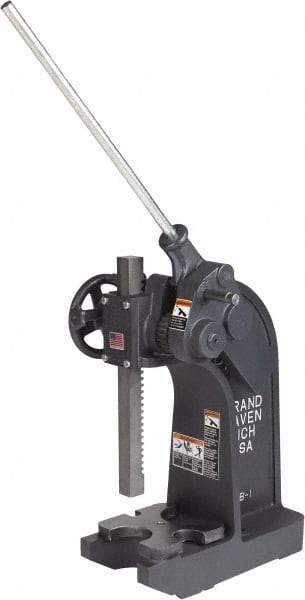 Dake - 1-1/2" Ram, 7-3/4" Throat Depth, 6 Ton Manual Arbor Press - 14" Max Work Height x 15-1/2" Max Work Width, Compound Leverage, 66:1 Leverage Ratio, 8-1/4" Base Width x 20" Base Depth - Apex Tool & Supply