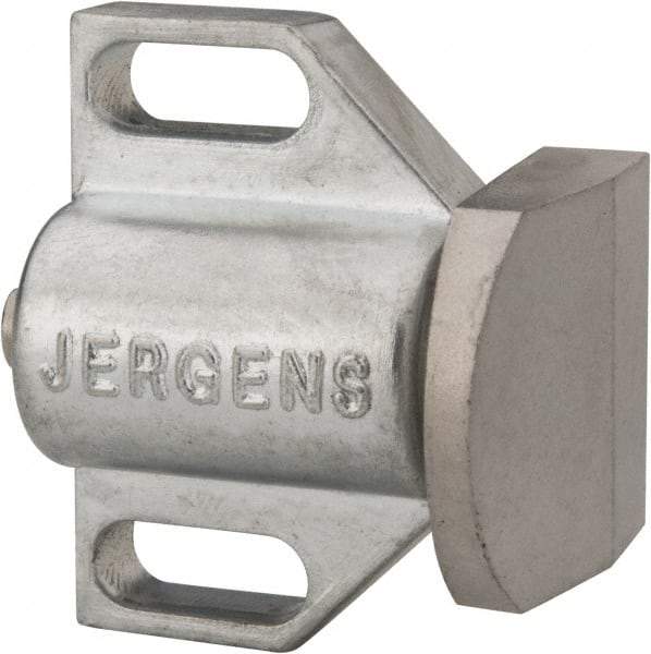 Jergens - 1-1/2" Body Width x 1" Body Len, 3/16" Stroke Len, 1-1/8" Btw Mt Hole Ctrs, Tangless Square Spring Locating Stop - 32 Lb Init End Force, 14 Lb Mid End Force, 32 Lb Final End Force, 1-1/8" Stop Head Width x 1-1/8" Stop Head Height - Apex Tool & Supply