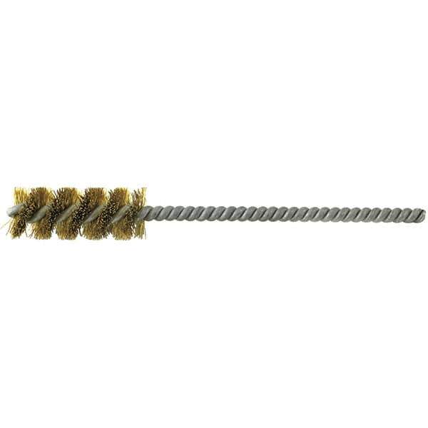 Brush Research Mfg. - 11/16" Diam Helical Brass Tube Brush - Single Spiral, 0.008" Filament Diam, 1-1/2" Brush Length, 5" OAL, 0.22" Diam Galvanized Steel Shank - Apex Tool & Supply