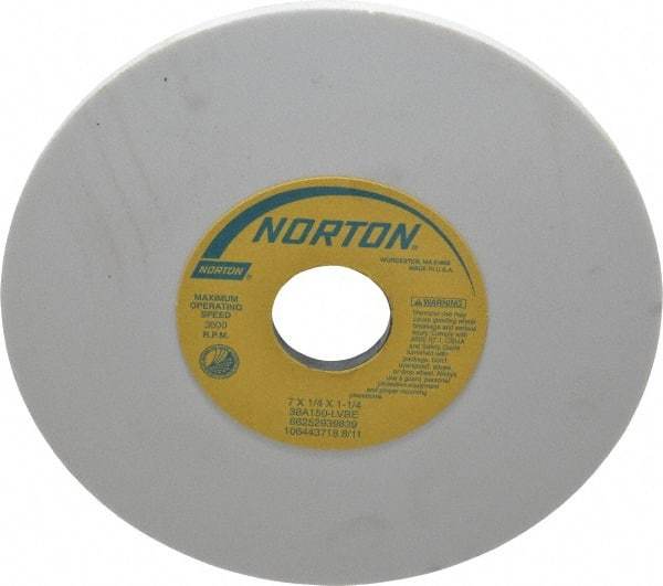Norton - 7" Diam x 1-1/4" Hole x 1/4" Thick, L Hardness, 150 Grit Surface Grinding Wheel - Aluminum Oxide, Type 1, Very Fine Grade, 3,600 Max RPM, Vitrified Bond, No Recess - Apex Tool & Supply