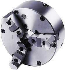 BTC - 3 Jaws, 8" Diam, Self Centering Manual Lathe Chuck - Plain Back Mount Spindle, Adjustable, Reversible, 3,100 Max RPM, 2.264" Through Hole Diam, Cast Iron - Apex Tool & Supply