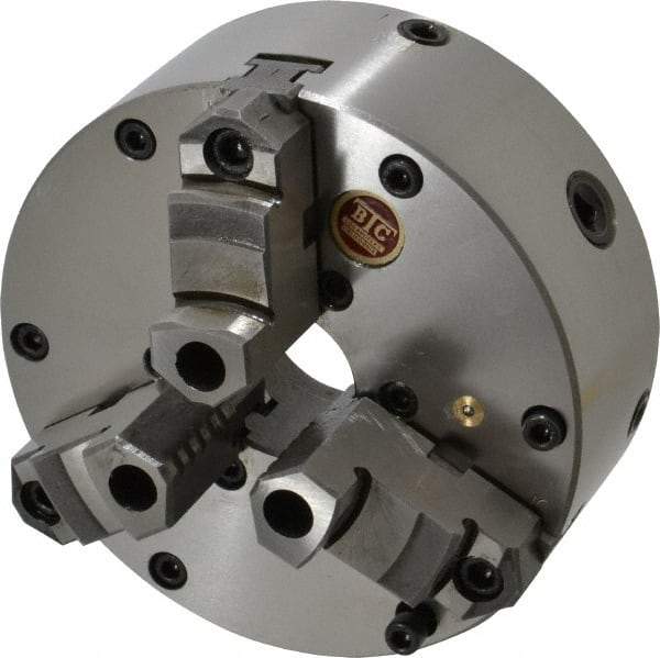 BTC - 3 Jaws, 6" Diam, Self Centering Manual Lathe Chuck - Plain Back Mount Spindle, Adjustable, Reversible, 3,400 Max RPM, 1.535" Through Hole Diam, Cast Iron - Apex Tool & Supply