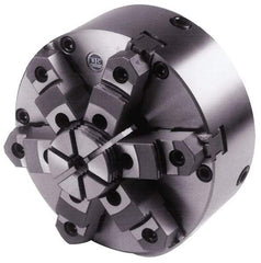 BTC - 6 Jaws, 8" Diam, Self Centering Manual Lathe Chuck - Plain Back Mount Spindle, Adjustable, Reversible, 2,200 Max RPM, 2.264" Through Hole Diam, Cast Iron - Apex Tool & Supply