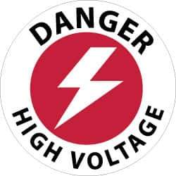NMC - Danger - High Voltage, Anti-Skid Pressure-Sensitive Vinyl Floor Sign - Round, Black & Red on White, Adhesive Backed, For Accident Prevention - Apex Tool & Supply