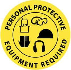 NMC - Personal Protective Equipment Required, Anti-Skid Pressure-Sensitive Vinyl Floor Sign - Round, Black on Yellow, Adhesive Backed, For Accident Prevention - Apex Tool & Supply