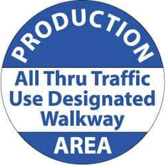 NMC - Production Area - All Thru Traffic Use DeFloor Signated Walkway, Anti-Skid Pressure-Sensitive Vinyl Floor Sign - Round, Blue on White, Adhesive Backed, For Security & Admittance - Apex Tool & Supply
