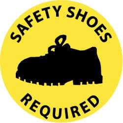 NMC - Safety Shoes Required, Anti-Skid Pressure-Sensitive Vinyl Floor Sign - Round, Black on Yellow, Adhesive Backed, For Accident Prevention - Apex Tool & Supply