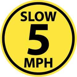 NMC - Slow 5 MPH, Anti-Skid Pressure-Sensitive Vinyl Floor Sign - Round, Black on Yellow, Adhesive Backed, For Security & Admittance - Apex Tool & Supply