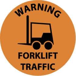 NMC - Warning Forklift Traffic, Anti-Skid Pressure-Sensitive Vinyl Floor Sign - Round, Black on Orange, Adhesive Backed, For Accident Prevention - Apex Tool & Supply