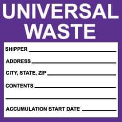 NMC - Hazardous Materials Label - Legend: Universal Waste, English, Black, White & Purple, 6" Long x 6" High, Sign Muscle Finish - Apex Tool & Supply