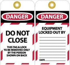 NMC - 3" High x 6" Long, DO NOT CLOSE, English Safety & Facility Lockout Tag - Tag Header: Danger, 2 Sides, Black, Red & White Unrippable Vinyl - Apex Tool & Supply