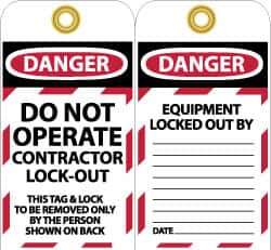 NMC - 3" High x 6" Long, DO NOT OPERATE CONTRATOR LOCK OUT, English Safety & Facility Lockout Tag - Tag Header: Danger, 2 Sides, Black, Red & White Unrippable Vinyl - Apex Tool & Supply