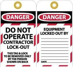 NMC - 3" High x 6" Long, DO NOT OPERATE CONTRATOR LOCK OUT, English Safety & Facility Lockout Tag - Tag Header: Danger, 2 Sides, Black, Red & White Unrippable Vinyl - Apex Tool & Supply