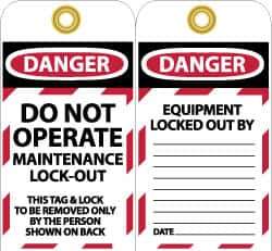 NMC - 3" High x 6" Long, DO NOT OPERATE MAINTENANCE LOCKOUT, English Safety & Facility Lockout Tag - Tag Header: Danger, 2 Sides, Black, Red & White Unrippable Vinyl - Apex Tool & Supply