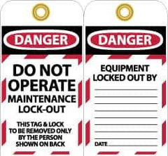NMC - 3" High x 6" Long, DO NOT OPERATE MAINTENANCE LOCKOUT, English Safety & Facility Lockout Tag - Tag Header: Danger, 2 Sides, Black, Red & White Unrippable Vinyl - Apex Tool & Supply
