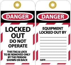 NMC - 3" High x 6" Long, LOCKED OUT - DO NOT OPERATE, English Safety & Facility Lockout Tag - Tag Header: Danger, 2 Sides, Black, Red & White Unrippable Vinyl - Apex Tool & Supply