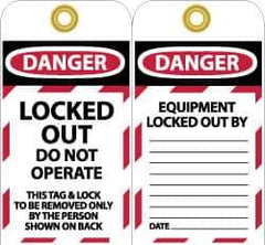 NMC - 3" High x 6" Long, LOCKED OUT - DO NOT OPERATE, English Safety & Facility Lockout Tag - Tag Header: Danger, 2 Sides, Black, Red & White Unrippable Vinyl - Apex Tool & Supply