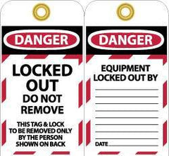 NMC - 3" High x 6" Long, LOCKED OUT - DO NOT REMOVE, English Safety & Facility Lockout Tag - Tag Header: Danger, 2 Sides, Black, Red & White Unrippable Vinyl - Apex Tool & Supply