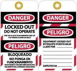 NMC - 3" High x 6" Long, DANGER - LOCKED OUT - DO NOT OPERATE - THIS TAG & LOCK TO BE REMOVED ONLY BY THE PERSON SHOWN ON BACK, English & Spanish Safety & Facility Lockout Tag - Tag Header: Danger, 2 Sides, Black, Red & White Vinyl - Apex Tool & Supply