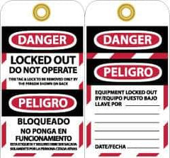 NMC - 3" High x 6" Long, DANGER - LOCKED OUT - DO NOT OPERATE - THIS TAG & LOCK TO BE REMOVED ONLY BY THE PERSON SHOWN ON BACK, English & Spanish Safety & Facility Lockout Tag - Tag Header: Danger, 2 Sides, Black, Red & White Vinyl - Apex Tool & Supply