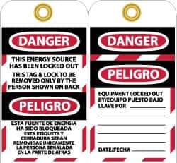 NMC - 3" High x 6" Long, DANGER - THIS ENERGY SOURCE HAS BEEN LOCKED OUT - THIS TAB & LOCK TO BE REMOVED ONLY BY THE PERSON SHOWN ON BACK, English & Spanish Safety & Facility Lockout Tag - Tag Header: Danger, 2 Sides, Black, Red & White Vinyl - Apex Tool & Supply