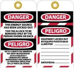 NMC - 3" High x 6" Long, DANGER - THIS ENERGY SOURCE HAS BEEN LOCKED OUT - THIS TAB & LOCK TO BE REMOVED ONLY BY THE PERSON SHOWN ON BACK, English & Spanish Safety & Facility Lockout Tag - Tag Header: Danger, 2 Sides, Black, Red & White Vinyl - Apex Tool & Supply