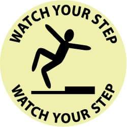 NMC - Watch Your Step - Watch Your Step, Anti-Skid Polyester Floor Sign - Round, Black on Yellow (Glow), Adhesive Backed, For Accident Prevention - Apex Tool & Supply