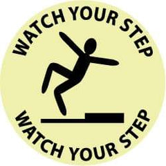 NMC - Watch Your Step - Watch Your Step, Anti-Skid Polyester Floor Sign - Round, Black on Yellow (Glow), Adhesive Backed, For Accident Prevention - Apex Tool & Supply