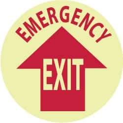 NMC - Emergency Exit, Anti-Skid Polyester Floor Sign - Round, Red on Glow (Yellow), Adhesive Backed, For Exit, Entrance & Directional - Apex Tool & Supply