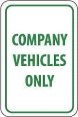 NMC - "Company Vehicles Only", 12" Wide x 18" High, Aluminum Parking Lot Traffic Signs - 0.063" Thick, Green on White, Rectangle, Post Mount - Apex Tool & Supply