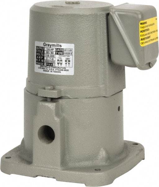 Graymills - 3/1.5 Amp, 115/230 Volt, 1/4 hp, 1 Phase, 3,450 RPM, Cast Iron Suction Machine Tool & Recirculating Pump - 20 GPM, 32 psi, 7-3/8" Long x 7-3/8" Mounting Flange Width, 9" Overall Height, Plastic Impeller, TEFC Motor - Apex Tool & Supply