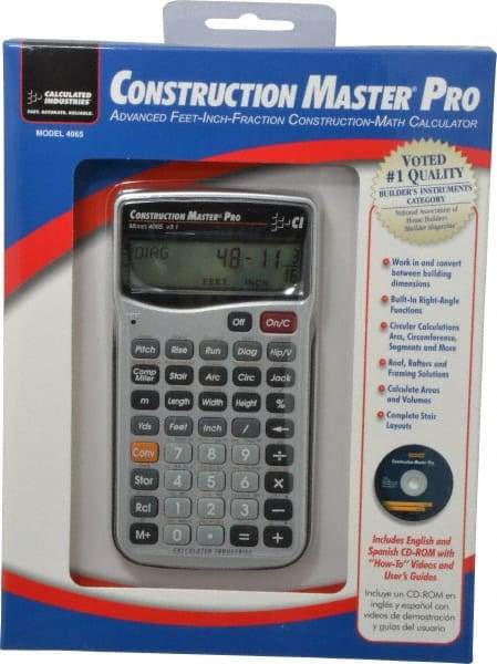 Calculated Industries - 11-Digit (7 normal, 4 Fractions) with Full Annunciators 40 Function Handheld Calculator - 5/8" x 2-1/2" (15.88mm x 63.5mm) Display Size, Silver, LR-44/A76 Powered, 9" Long x 8" Wide x 2" High - Apex Tool & Supply